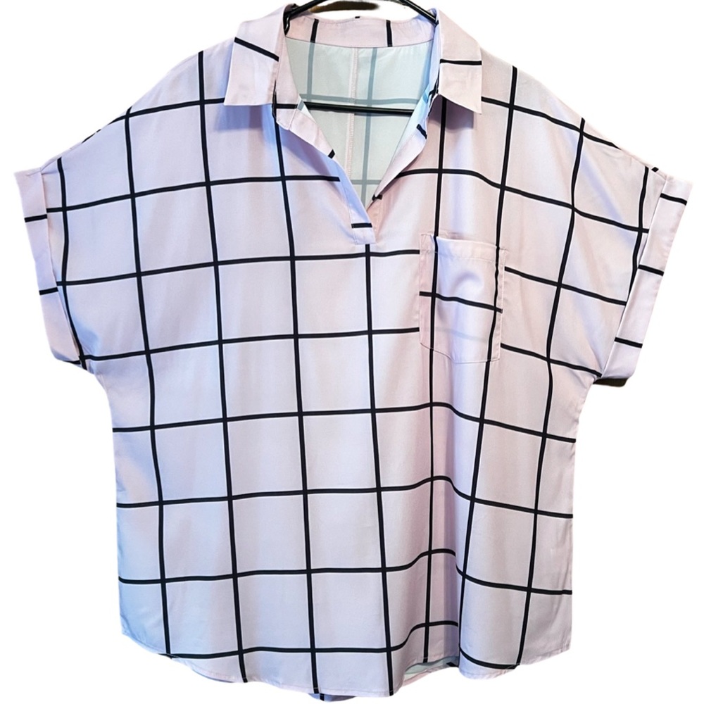 Woman’ Collared V-Neck Short Sleeve Blouse - Pink & Black large checkered-SZ 1X